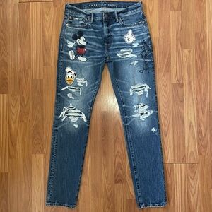 AE DISNEY MICKEY MOUSE Distress Slim Jeans DONALD DUCK GOOFY PLUTO Unisex 32X34